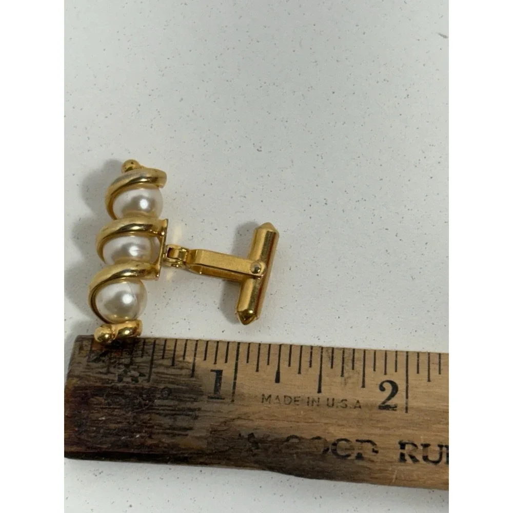 Destino Signed Toggle Cufflinks w/ 3 CAGED PEARLS in Spiral Cuff Links Gold Tone